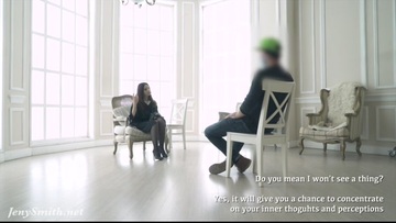 Psychologist in the darkness. Jeny Smith teasing a man. Real situation. Blindfold