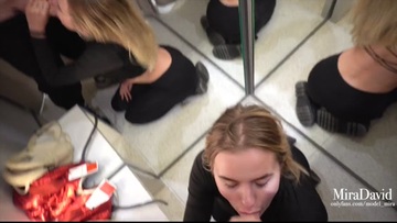Babe gets public risky blowjob in fitting room - Close to be caught