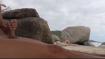 Having naked fun at a non nudist beach. Exchibisionist pure nudism. Great cum shot