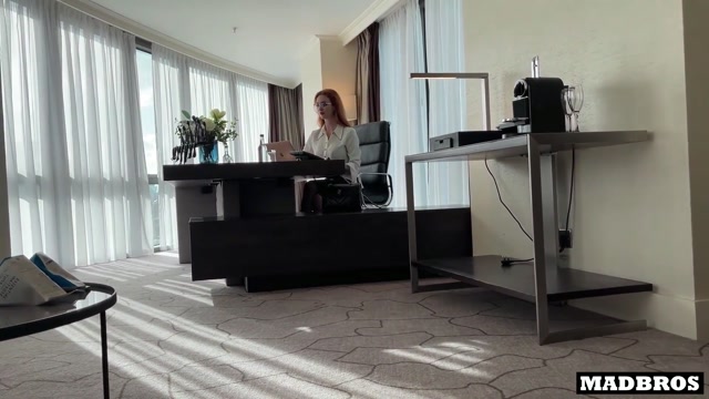 A trapped redhead boss gets her ass fucked in the office by two French black guys!!!
