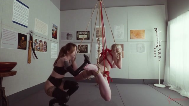 Bondage puppet gets spun around for rough anal and ATM